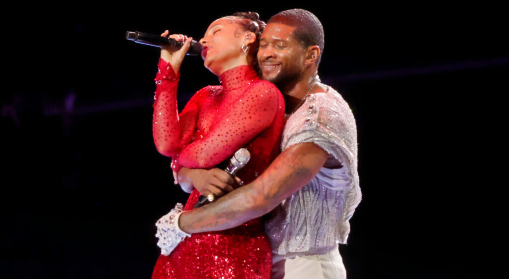 Usher and Alicia Keys close out their My Boo live performance on 2024 Super Bowl Halftime Show with a hug.